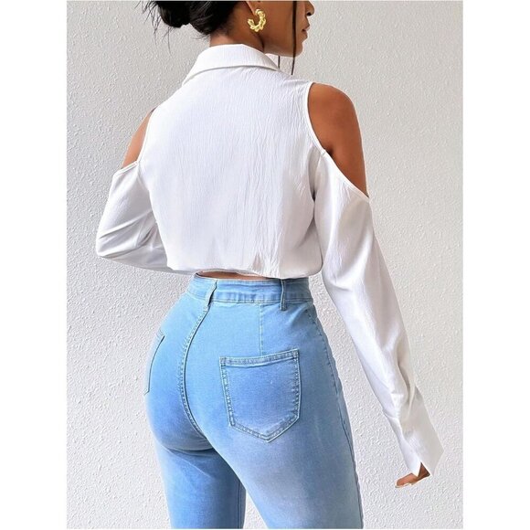 Women's Cold Shoulder Long Sleeve Button Down Collared Cropped Blouses - Picture 2 of 6